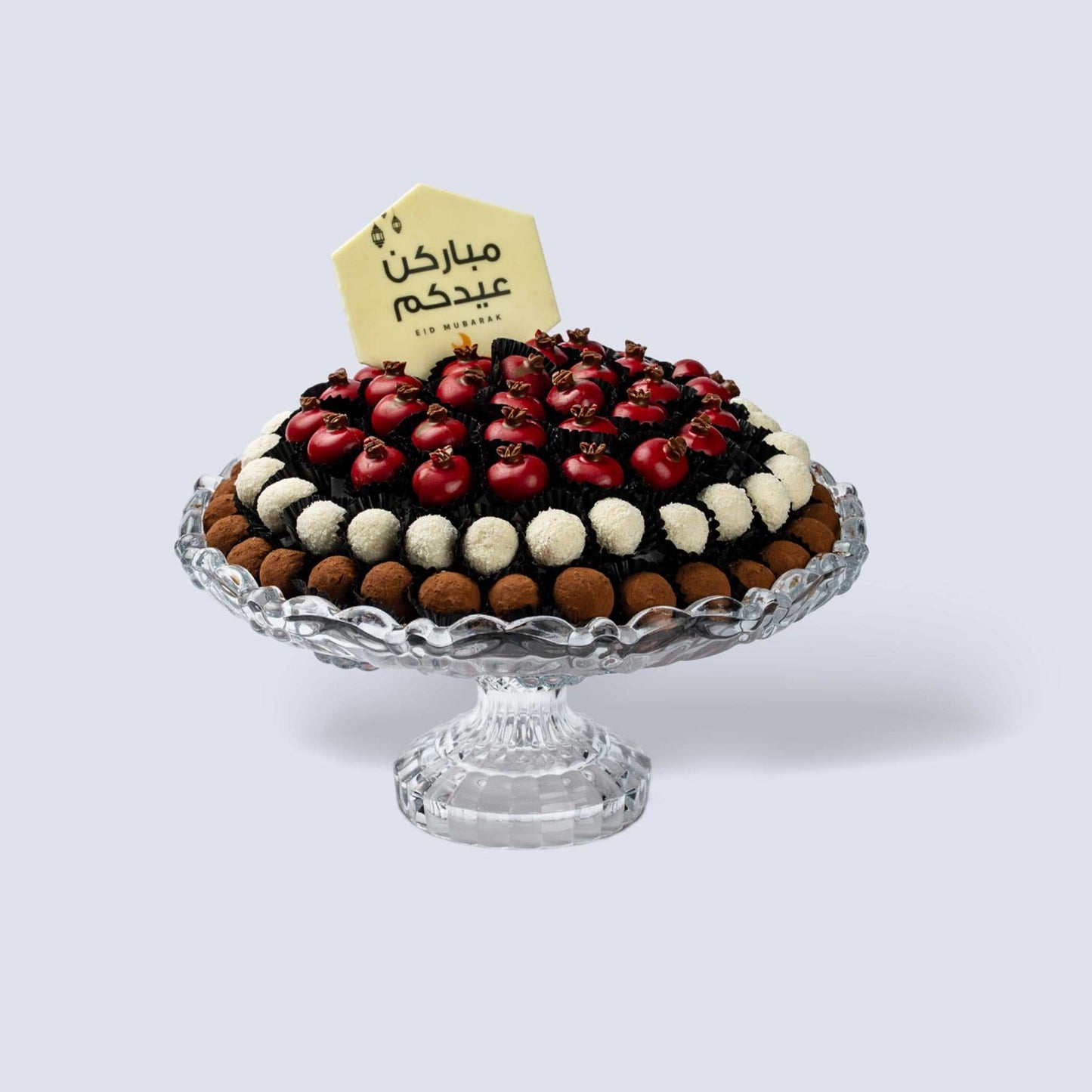 Eid Mubarak Luxury Truffle Tray – Dark Ganache, Coconut & Pomegranate Raspberry Truffles