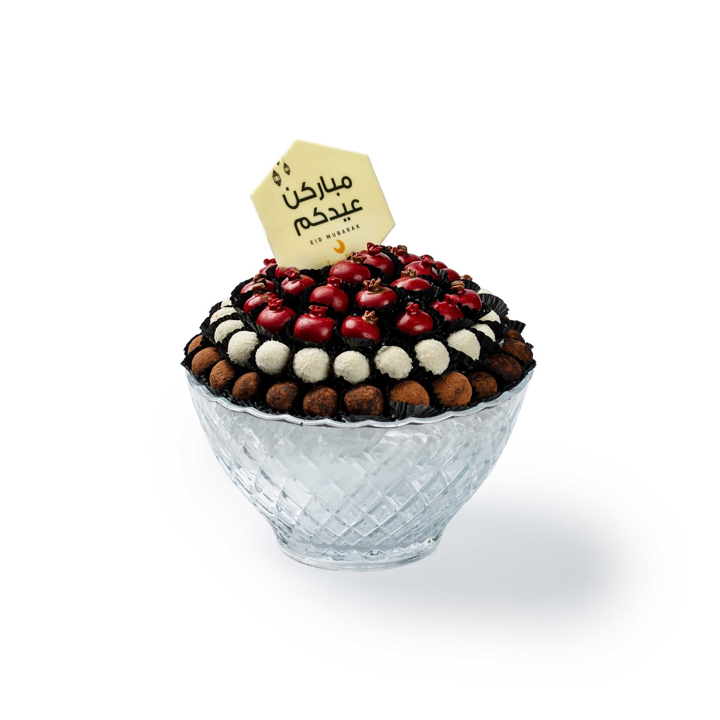 Eid Mubarak Luxury Truffle Tray – Dark Ganache, Coconut & Pomegranate Raspberry Truffles