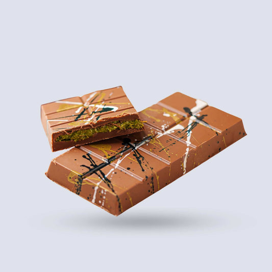 Kunafa Pistachio Chocolate Dubai with crispy kunafa and rich pistachio filling in Belgian chocolate.